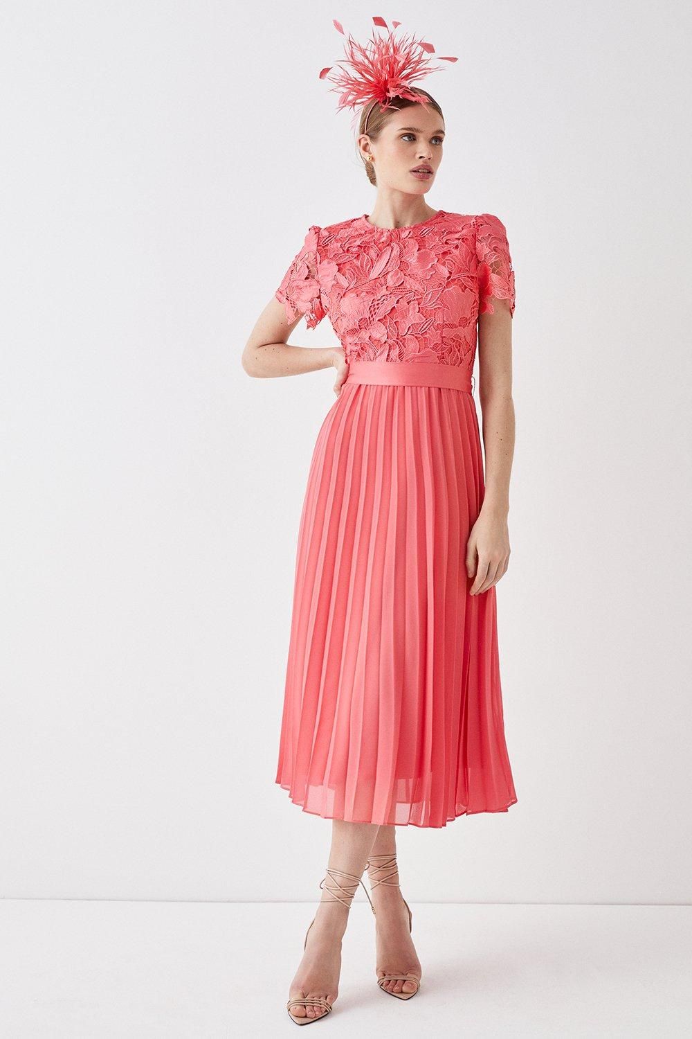 Premium Floral Satin Lace Pleat Skirt Midi Dress | Coast UK & IE