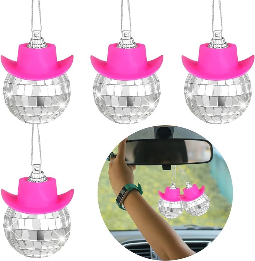 4 Pcs Car Disco Ball Ornament Pink Mini Western Cowboy Cowgirl Hat Disco Ball Car Mirror Decor Bl... | Amazon (US)