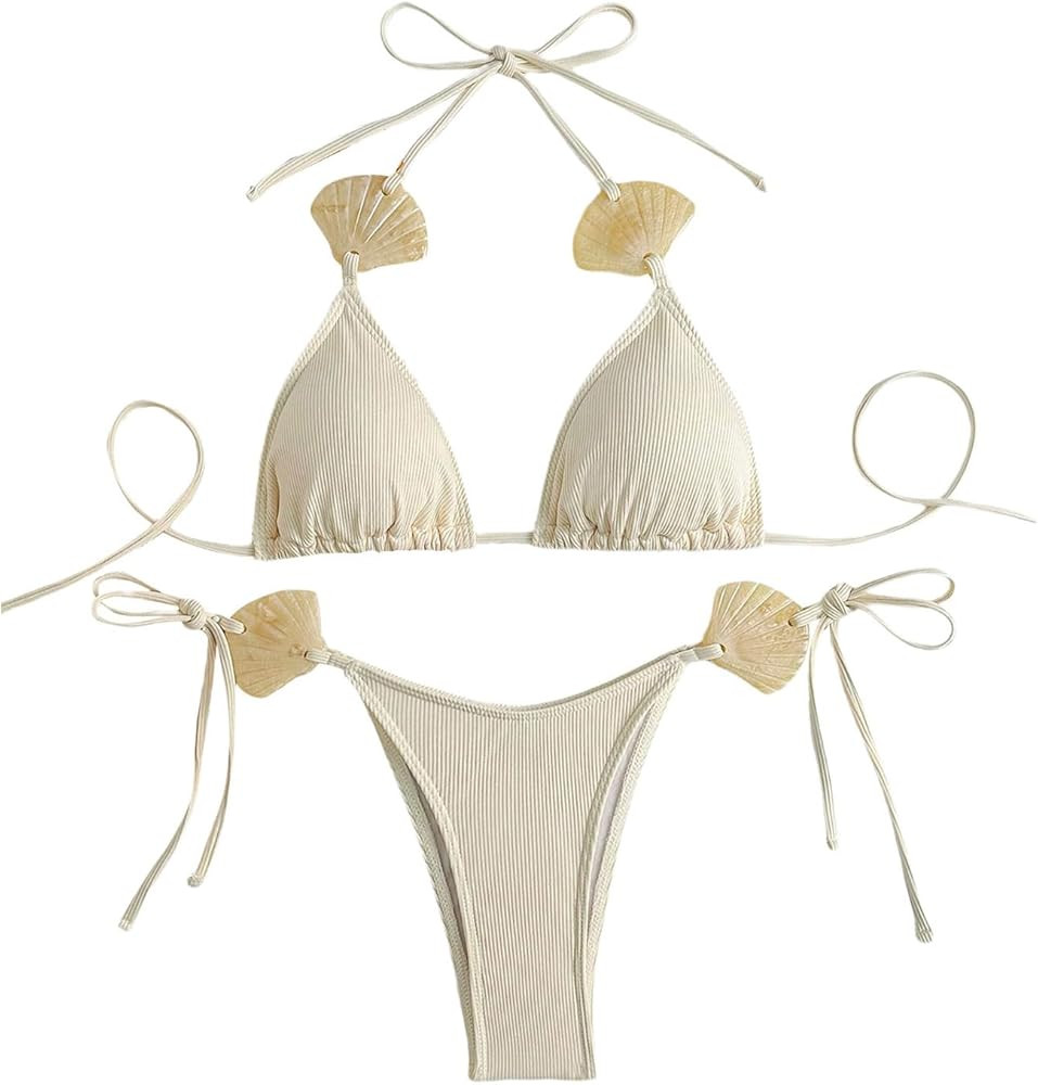 Women's 2 Piece Swimsuits Shell High Cut Halter Triangle String Boho Bikini Bathing Suit | Amazon (US)