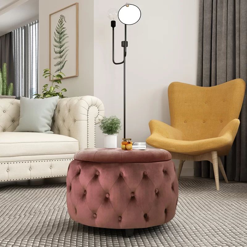 Delphine Velvet Tufted Round Storage Ottoman | Wayfair North America