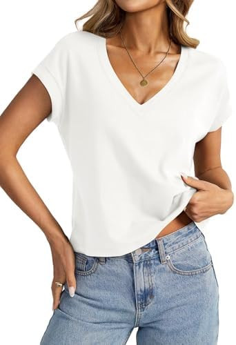 EasyGala Womens Cotton Crop Tops Loose Fit V Neck Short Sleeve Shirt Summer | Amazon (US)