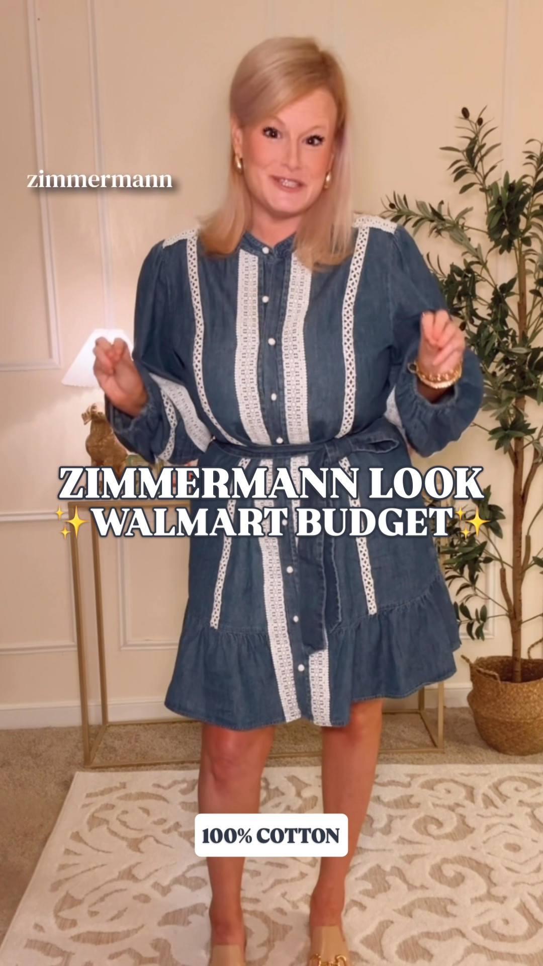 THE $925 ZIMMERMANN LOOK ON A WALMART BUDGET 👀

This denim dress has been one of our bestsellers this week, and I understand why. If you love the Zimmermann Awaken dress but have no intention of spending its original $925 price, this Walmart look for less is going to live rent free in your brain.

The blue denim and ivory eyelet, those romantic sleeves, the belted silhouette. It has so much of that feminine Zimmermann look, right down to the lace detailing that caught my eye in the first place.

And it’s 100% cotton. The denim is soft, the tie belt lets you adjust the waist, and yes, there are real side pockets. Such a pretty fall dress when you want a little more detail without having to do much with the rest of your outfit.

I’m wearing a large and would call it true to size. If you’re fuller through the bust, I would consider sizing up.

For country concert outfits, add cowboy boots. For brunch or a fall dinner, ballet flats or suede boots. This long sleeve mini dress gives you that romantic designer look with a Walmart price tag, and plenty of reasons to wear it.

Zimmermann Awaken dress look for less, Zimmermann inspired dress, Walmart denim dress, Walmart fall dresses, lace trim denim dress, ivory eyelet dress, 100% cotton dress, long sleeve mini dress, belted denim dress, country concert outfits, fall outfits women, feminine fall dresses, romantic boho dress, preppy fall outfits, Scenario dress, Walmart style, Walmart finds

#LTKStyleTip #LTKFindsUnder50 #LookForLess #WalmartStyle #WalmartFinds #DenimDress #CountryConcertOutfit #FallOutfits #FallDresses

#LTKSeasonal #LTKWorkwear #LTKMidsize