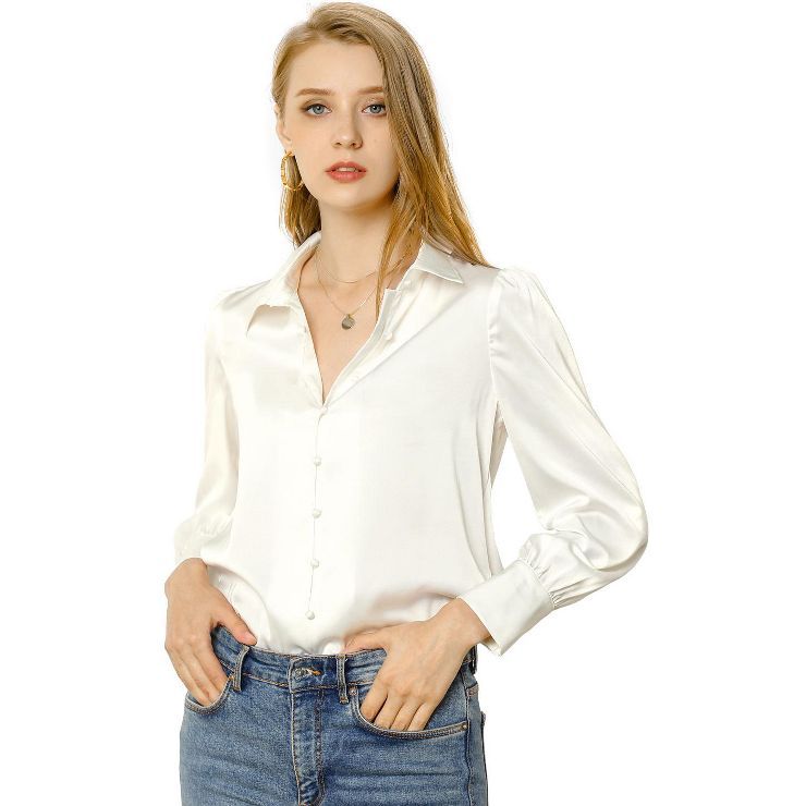 Women's Satin Blouse Puff Sleeve Point Collar Vintage Button Up Shirt Tops | Target