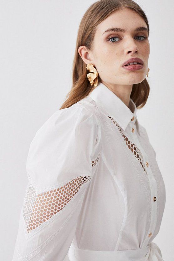 Cotton Cutwork Midi Shirt Dress | Karen Millen US