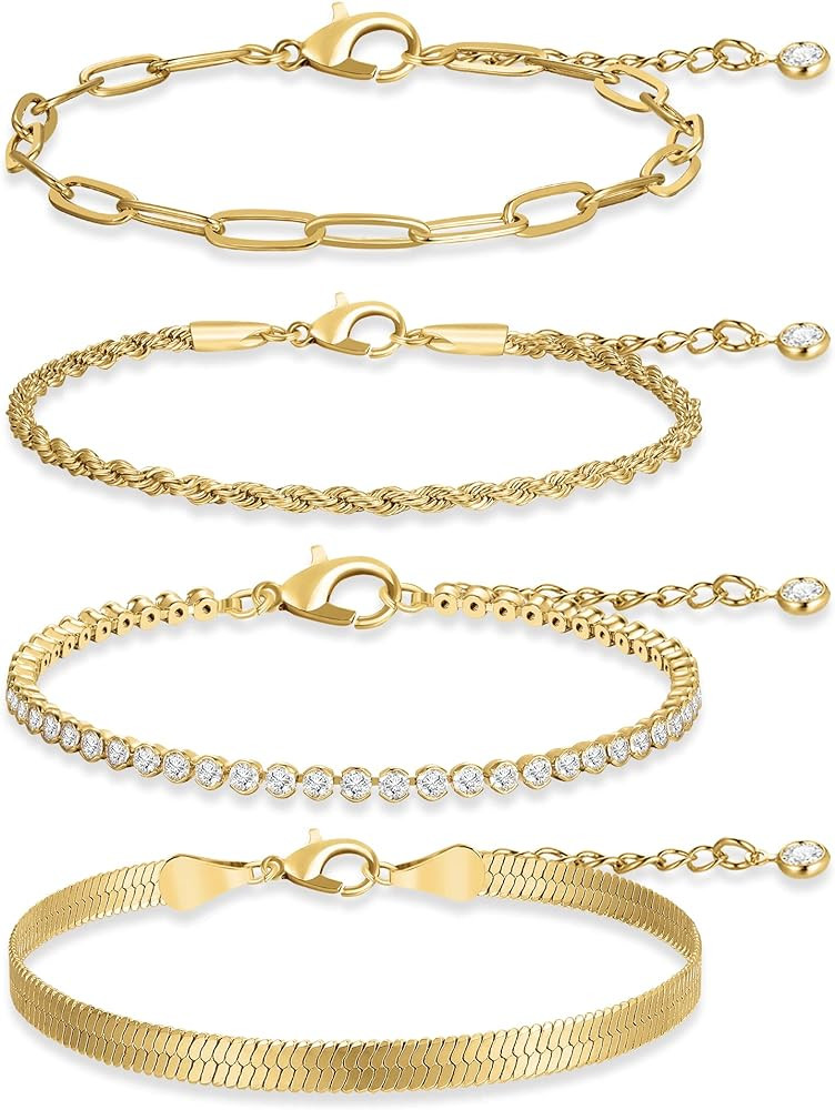 Gold Link Bracelets Sets for Women Girls, 14K Gold Plated Dainty Classic Adjustable Paperclip Lay... | Amazon (US)
