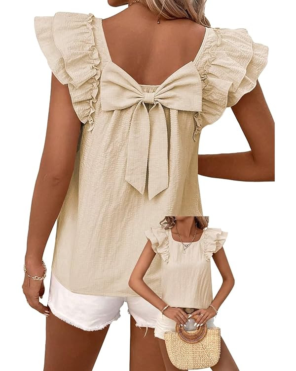 Womens Bow Tie Back Tops Round Neck Ruffle Short Sleeve Shirts Cute Babydoll Chiffon Tee Women Su... | Amazon (US)