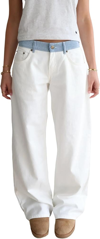 Women's Adjustable Waist Wide Leg Jeans Casual High Waisted Baggy Straight Leg Denim Pants | Amazon (US)