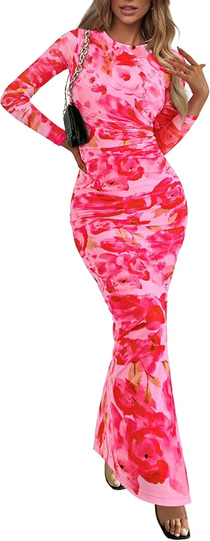 PRETTYGARDEN Women's Bodycon Maxi Dress Fall Spring Fashion Long Sleeve Floral Print Tight Fitted... | Amazon (US)