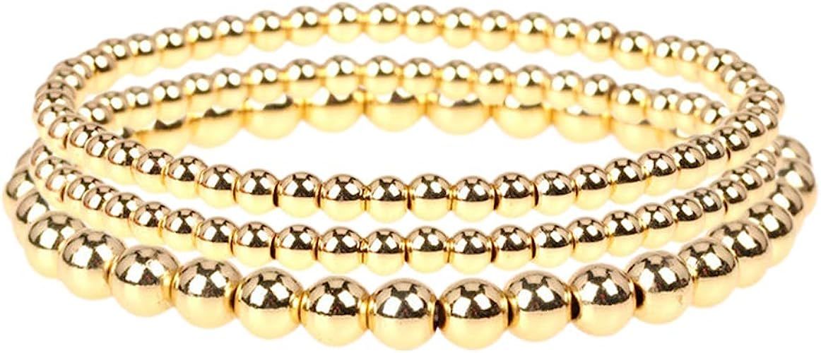 fzbali 3 Pcs Gold Beaded Bracelets, Men Women Elastic Copper Beads Balls Stretch Bracelet Anklet,... | Amazon (US)