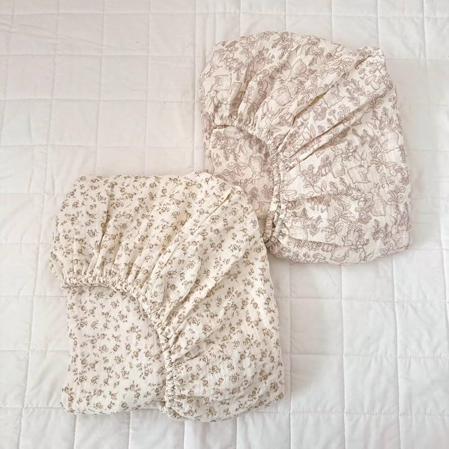 BuLuTu 2 Pack Muslin Mini Crib Sheets for Boys Girls, 38"x26", Camellia Flower Rabbit Print Pack ... | Amazon (US)