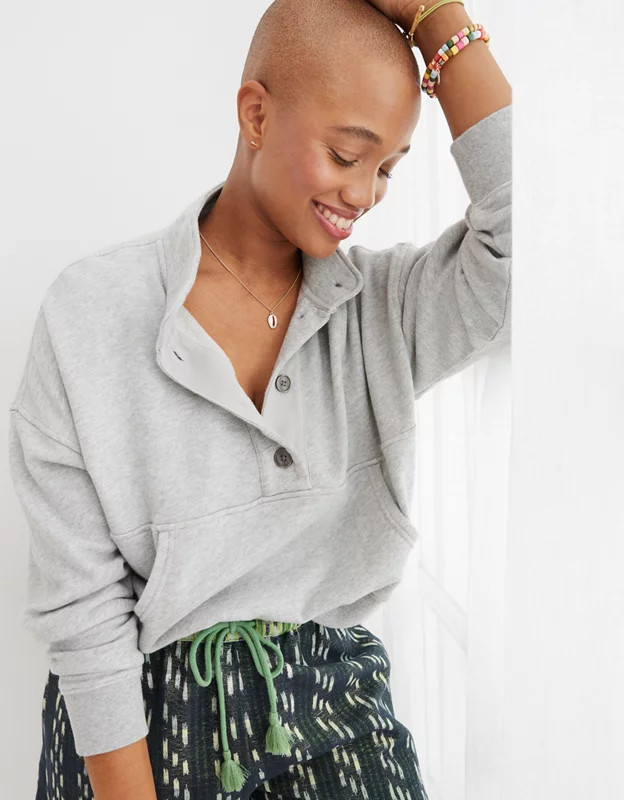 Aerie Button Mock Neck Cropped Sweatshirt | American Eagle Outfitters (US & CA)