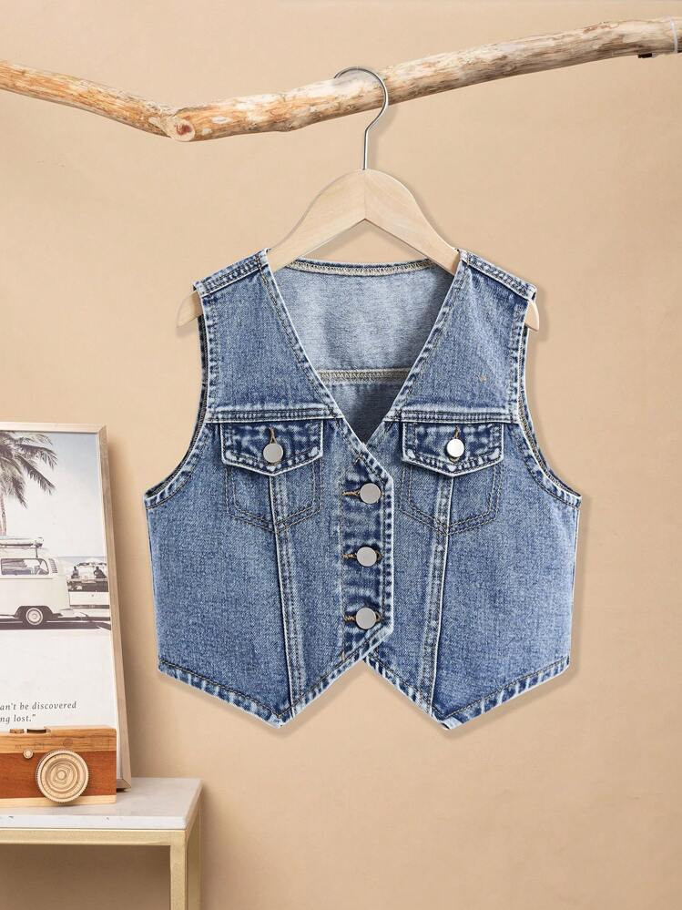 Tween Girl Y2K Flap Pocket Button Front Vest Denim Top | SHEIN