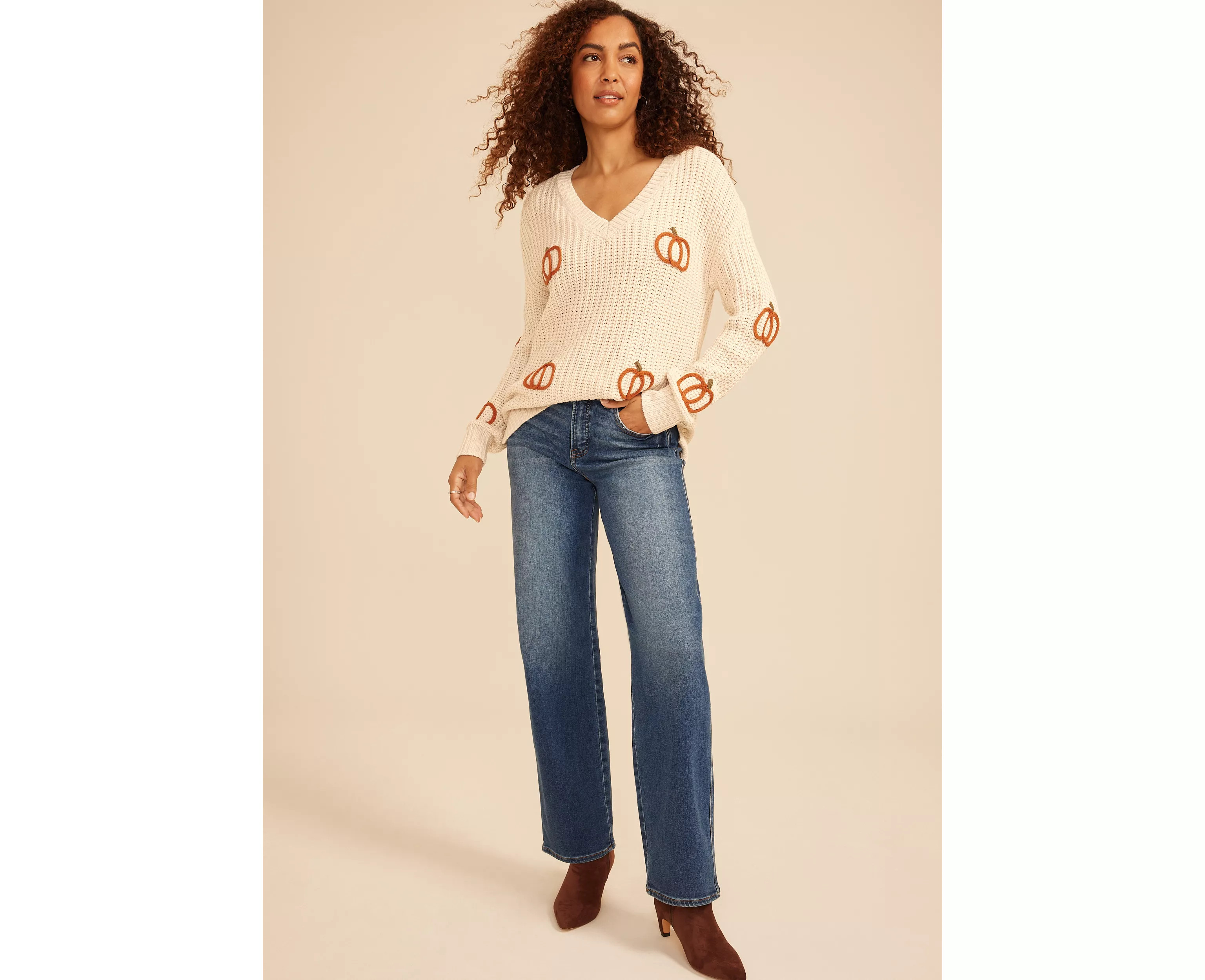 Pumpkin Embroidered V Neck Sweater | maurices | Maurices