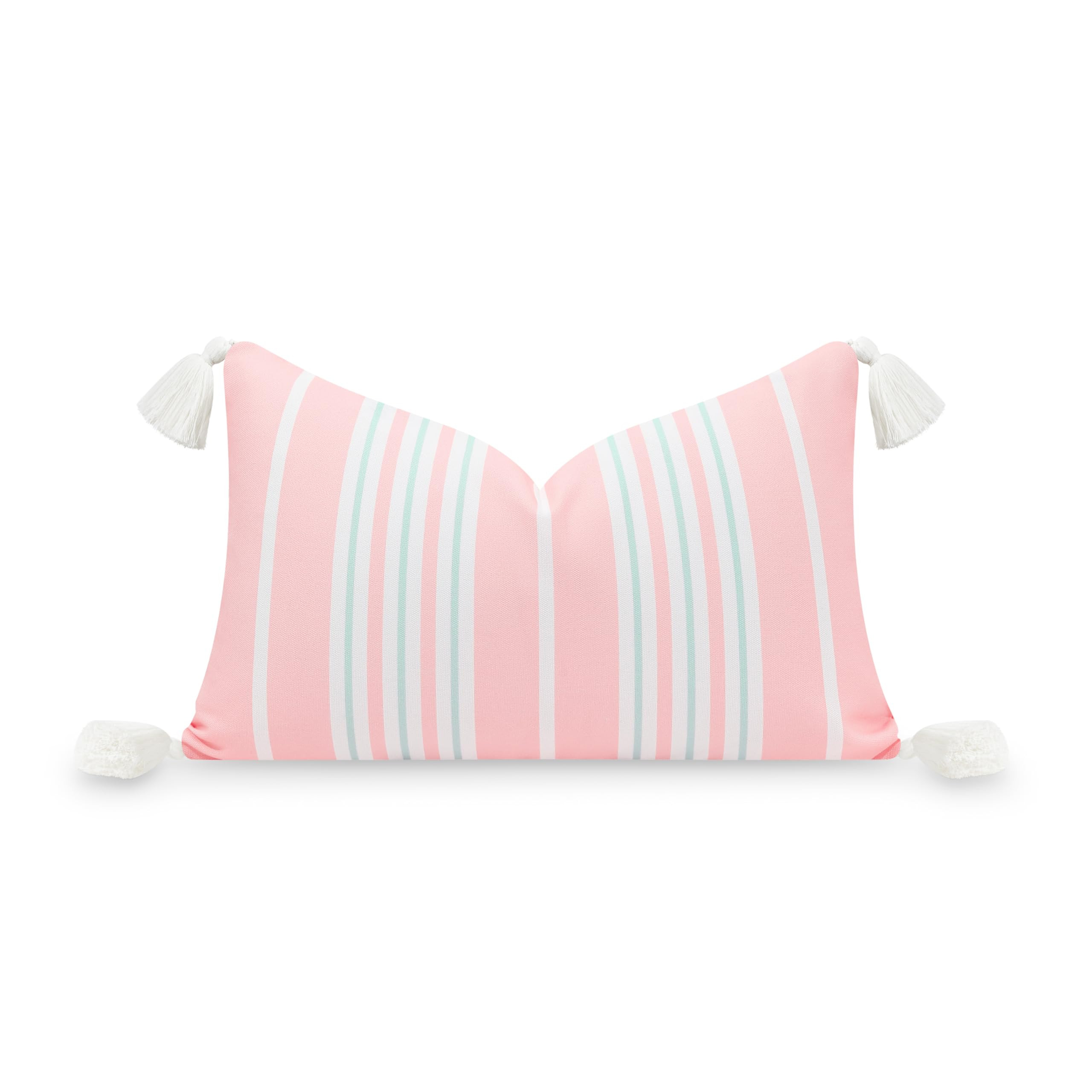 Hofdeco Premium Coastal Patio Indoor Outdoor Lumbar Pillow Cover Only, 12"x20" Water Repellent for Backyard, Couch, Muted Aqua Blush Pink Stripe Tassel | Amazon (US)