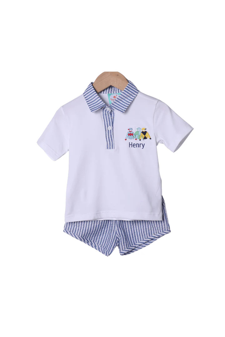 Embroidered Jockey Silks Navy Seersucker Polo Short Set | The Smocked Flamingo