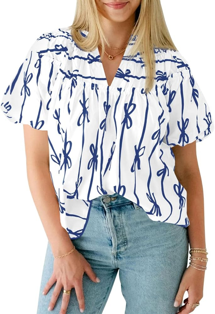 Cicy Bell Womens Summer Babydoll Tops Short Lantern Sleeve Bow Print Blouse V Neck Pleated Casual... | Amazon (US)