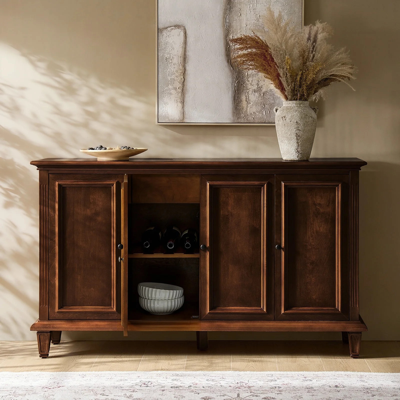 58" Wine Sideboard 3 Doors Storge Accent Cabinet with Adjustable Shelves and Drawer Walnut | Walmart (US)