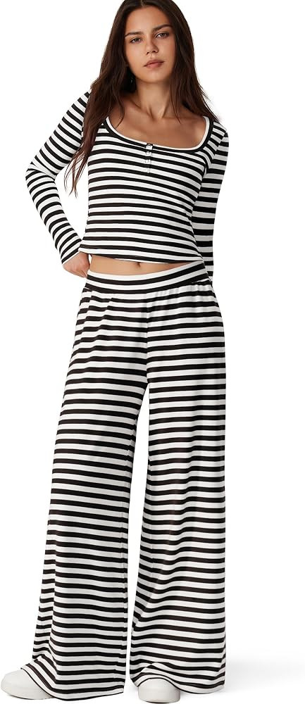MOOSLOVER Women 2 Piece Lounge Set Matching Henley Top Wide Leg Pants Set | Amazon (US)