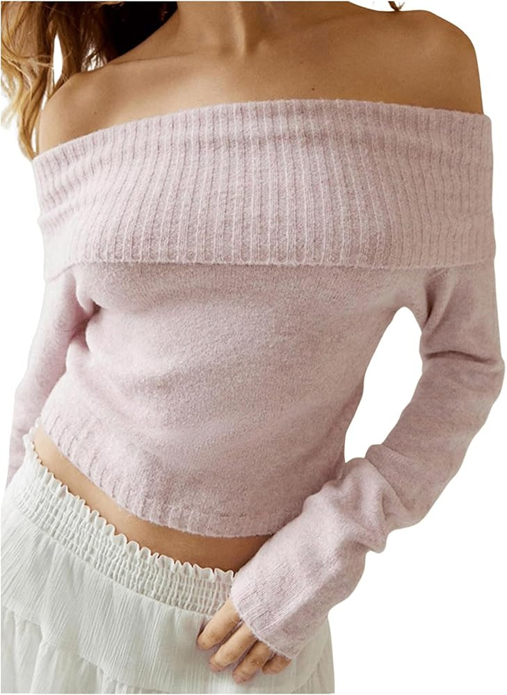 MakeMeChic Women's Off The Shoulder Sweater Cute Long Sleeve Crop Sweater Ribbed Knit Slim Fit Fa... | Amazon (US)