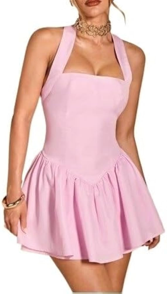 Summer Party Solid Square Neck Back Mini Dress Mini Dress | Amazon (US)