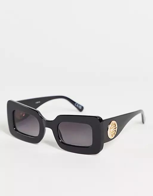 ASOS DESIGN chunky square sunglasses with metal monogram temple design in shiny black | ASOS (Global)