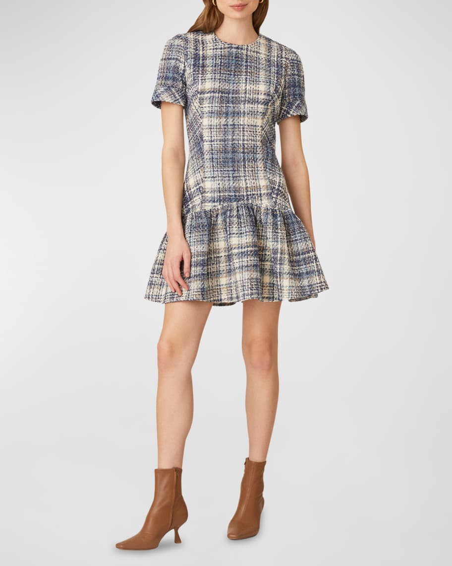 Eleanor Plaid-Print Tweed Flounce Mini Dress | Neiman Marcus