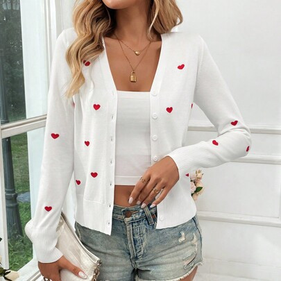 Heart Women Sweater Valentines Clothes Women's Spring Thin Cardigan With Heart Print, Romantic, White For Valentine's Day | SHEIN