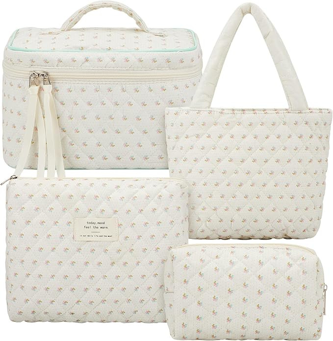 Silkfly 4 Pcs Cosmetic Bags Set Cotton Quilted Makeup Bag Portable Cute Floral Cosmetic Pouch Vin... | Amazon (US)