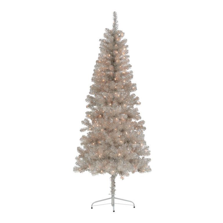 Holiday Time 6.5ft Pre-Lit Rose Gold Tinsel Christmas Tree, Rose Gold, 6.5', Clear | Walmart (US)