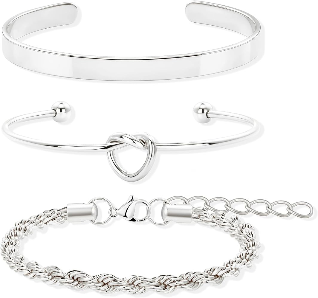 Silver Bracelets for Women Stack, Silver or Gold Plated Cuff Bangle Set, Trendy Silver Jewelry fo... | Amazon (US)