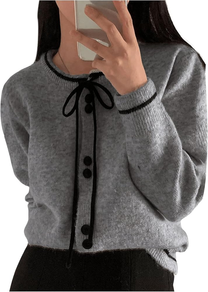 GORGLITTER Women's Bow Button Up Fall Short Cardigan Sweater Dressy Trendy Cute Long Sleeve Cable... | Amazon (US)