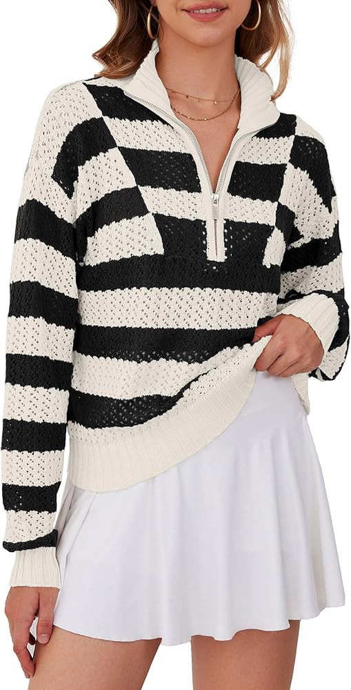 Womens 1/4 Zip Stripe Pullover Sweaters Crochet Lapel Collar Long Sleeve Hollow Out Trendy Knit P... | Amazon (US)
