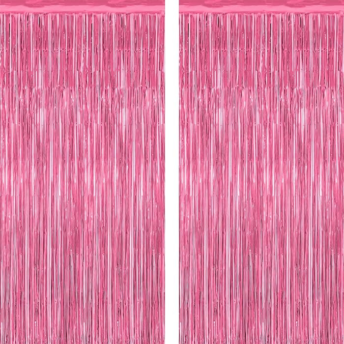 2 Pack Pink Party Decorations, 3.28 FT x 7.05 FT Pink Backdrop, Metallic Tinsel Backdrop Fringe C... | Amazon (US)