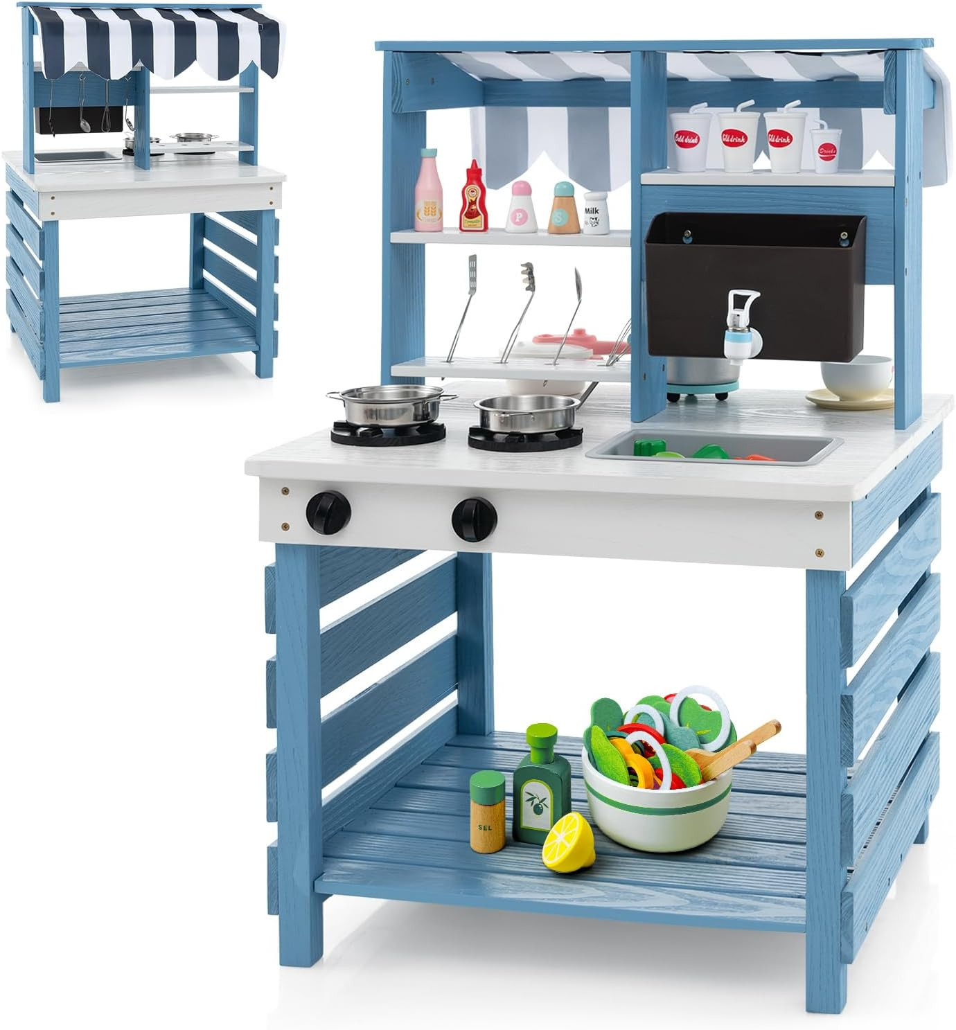Costzon 2 in 1 Mud Kitchen, Double-Sided Fir Wood Kids Kitchen Playset & Pretend Grocery Store wi... | Amazon (US)