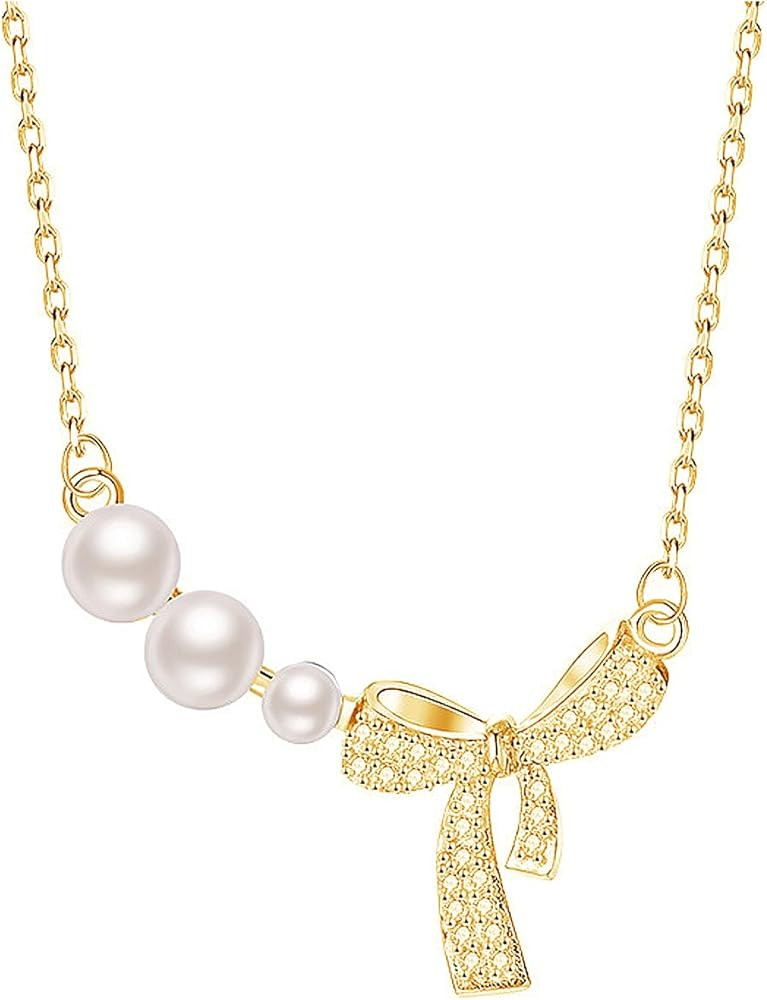 Dainty 14K Gold Bow Necklace Pearl Cubic Zirconia Bowknot Chain Necklace Adjustable Titanium Stee... | Amazon (US)