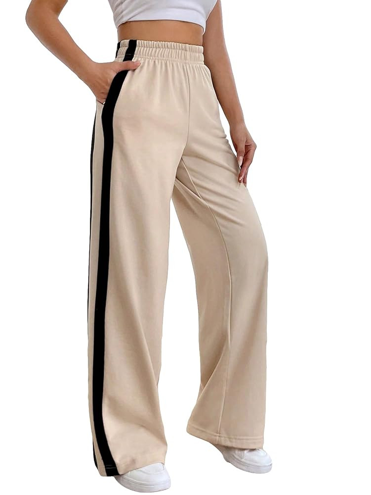 Floerns Women's Contrast Striped Elastic High Waist Sweatpants Straight Leg Athletic Pants | Amazon (US)