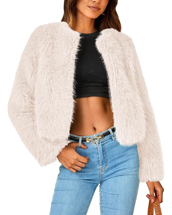 PRETTYGARDEN Women's 2025 Winter Coats Fleece Cropped Jacket Faux Fur Long Sleeve Pockets Shaggy ... | Amazon (US)