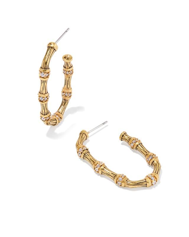 Maura Vintage Gold Bamboo Hoop Earrings in White Crystal | Kendra Scott