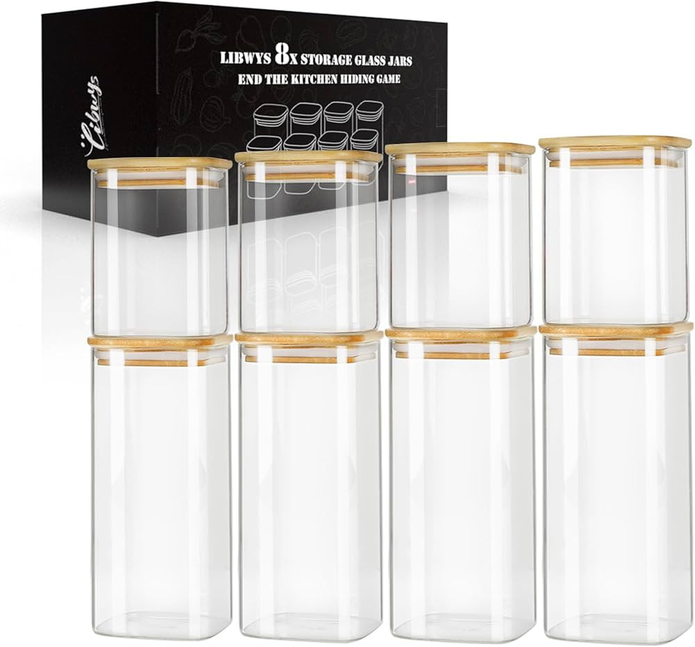 LIBWYS Square Pantry Glass Storage Jars with Bamboo Lids Set of 8, 216oz Airtight Food Containers... | Amazon (US)