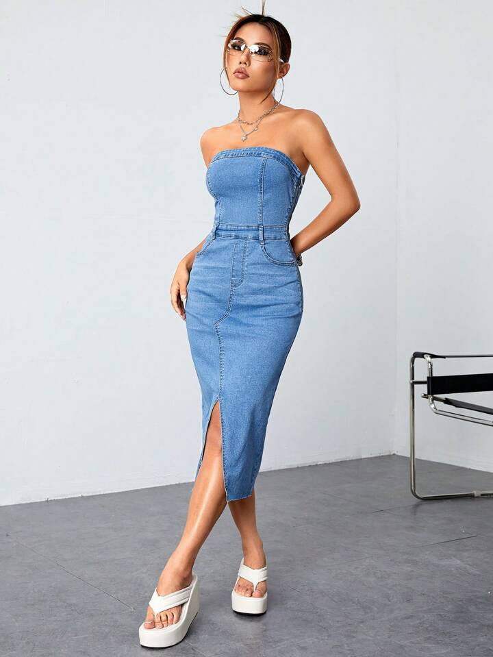 SHEIN ICON Split Thigh Tube Denim Dress | SHEIN