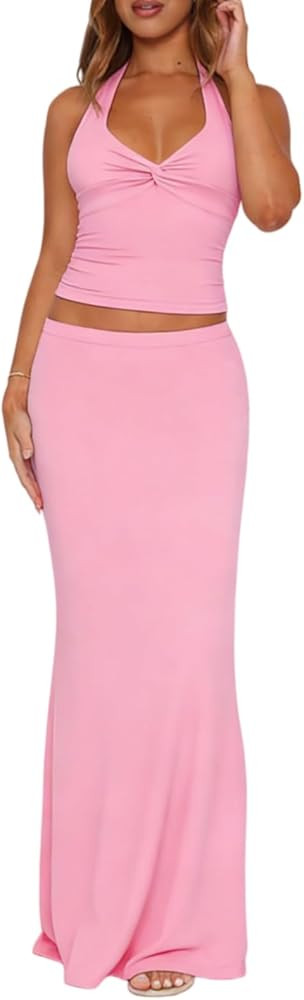 Skirt Sets Women 2 Piece Outfits Sexy Two Pc Set Twist Front Halter Tops and Maxi Long Skirts | Amazon (US)