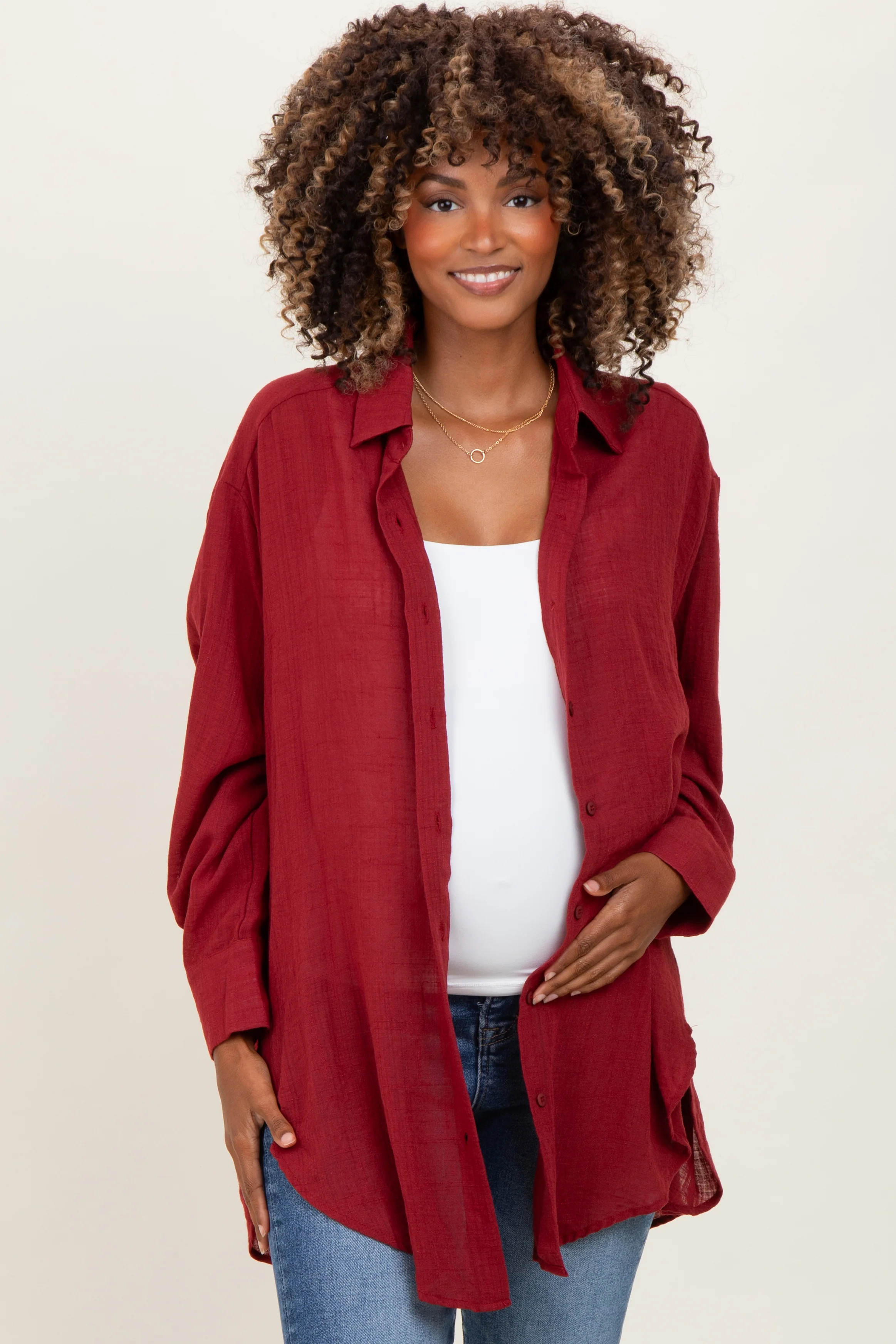 Burgundy Oversized Maternity Button Down Shirt | PinkBlush Maternity