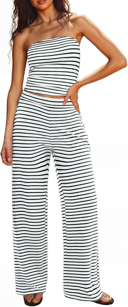 Two Piece Sets For Women Summer Outfits Lounge Sets Striped Tube Top And Pants Matching Sets Beac... | Amazon (US)