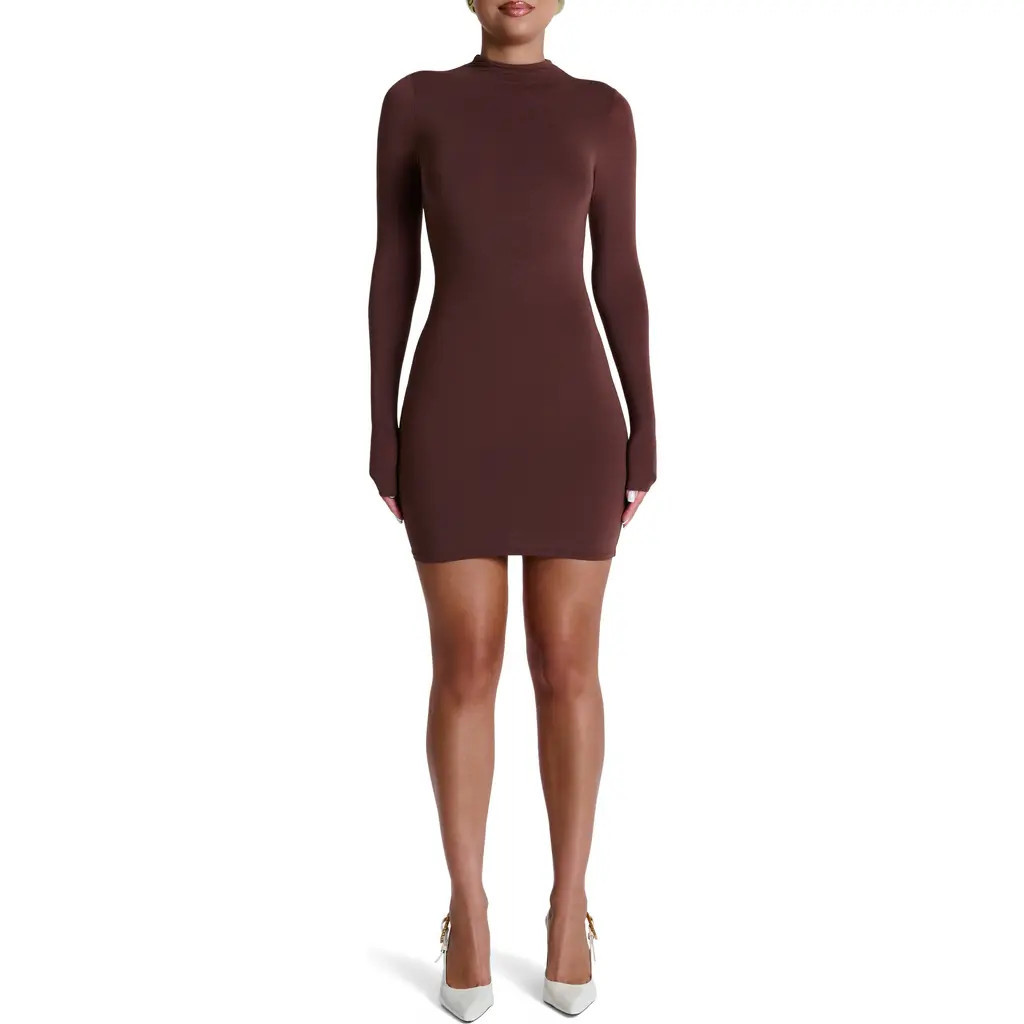 Naked Wardrobe Long Sleeve Mock Neck Minidress in Chocolate at Nordstrom, Size Medium | Nordstrom