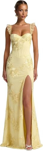 Floral Embroidery Prom Dresses with Slit Spaghetti Straps Mermaid Corset Evening Gowns for Women Lace Appliques Bridesmaid Dress Yellow US2 | Amazon (US)