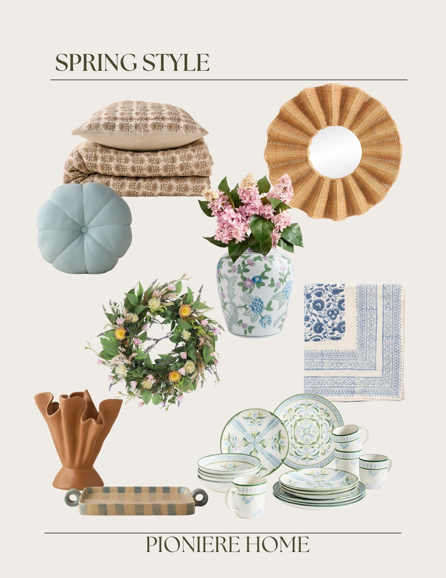 Some of my favorite spring home finds. Spring decor. Spring dinnerware. Blockprint bedding. Spring wreath. Ruffle vase  Pottery barn. Lily and Georgia. Magnolia home. 

#LTKSeasonal #LTKSaleAlert #LTKHome