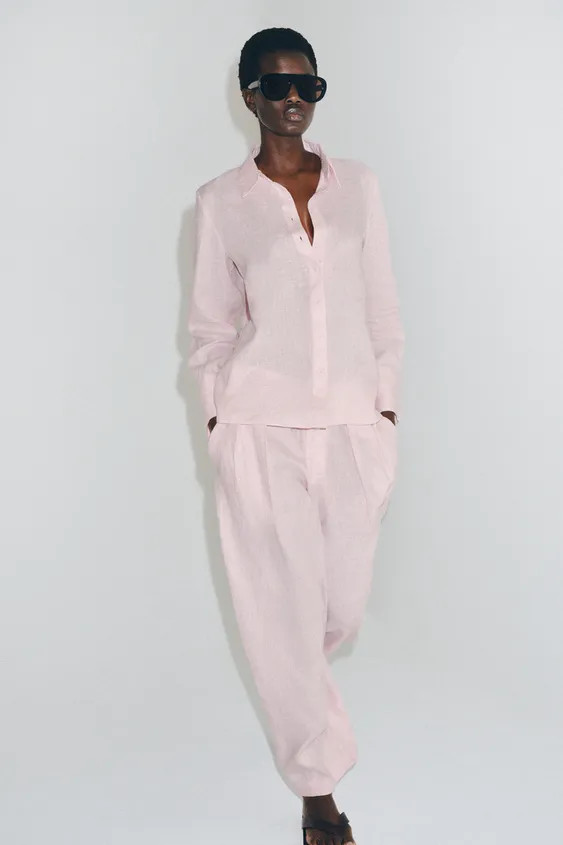 ZARA WOMAN COLLECTIONShirt with main fabric made from linen yarn. Regular collar and long cuffed ... | Zara UK