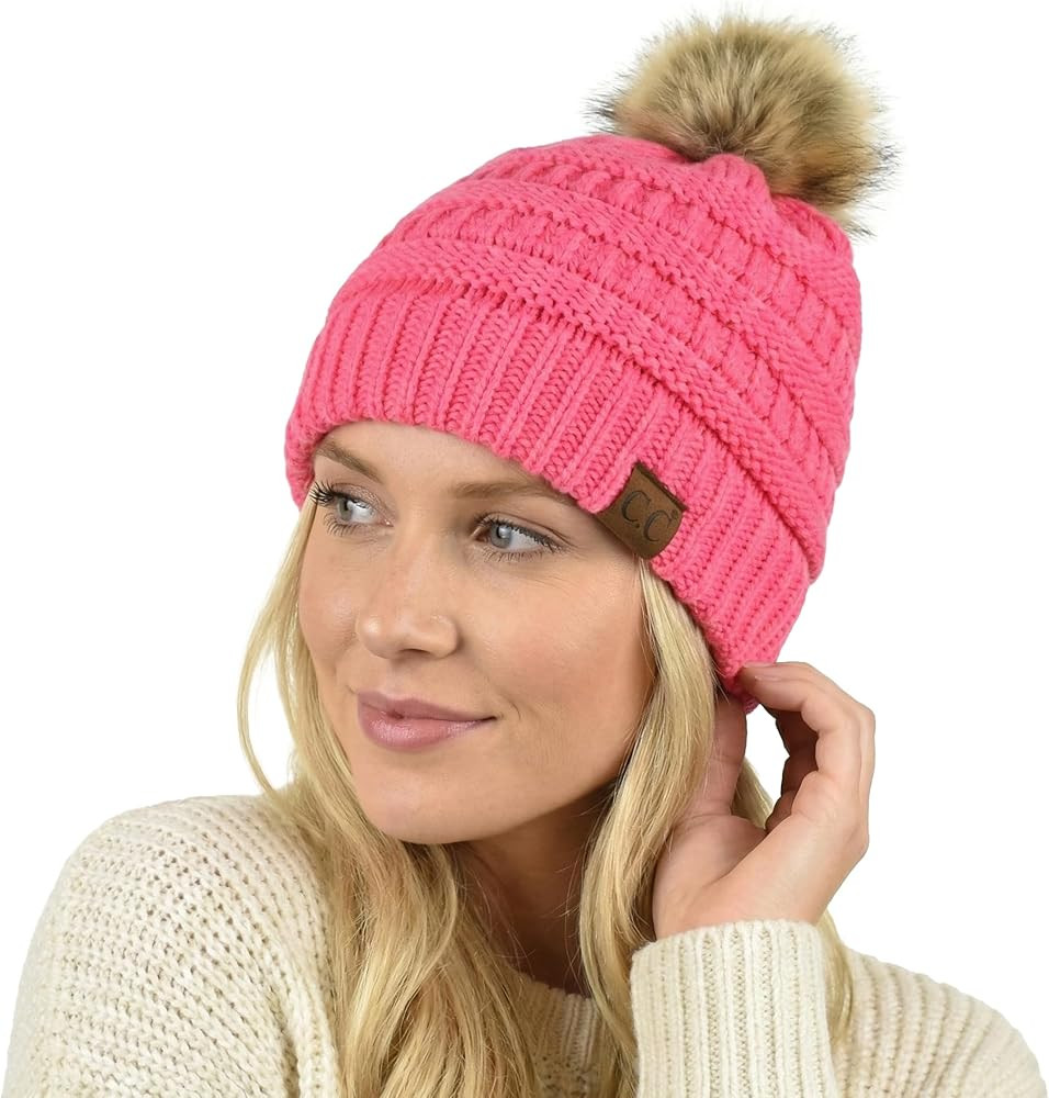 C.C Trendy Fuzzy Fleece Lined Warm Comfortable Soft Stretch Cable Knit Ribbed Faux Fur Pom Pom Be... | Amazon (US)