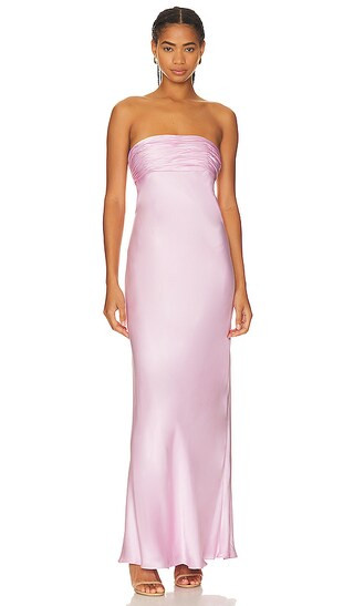 La Lune Strapless Ruched Bodice Maxi Dress in Peony Satin Maxi Dress Satin Slip Dress Outfit | Revolve Clothing (Global)