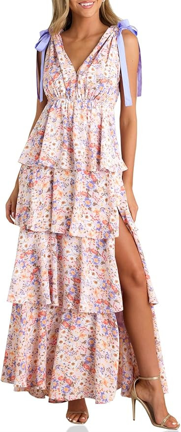 Wenrine Womens Summer Floral Maxi Dress Tie Strap Sleeveless V Neck High Slit Boho Ruffle Tiered ... | Amazon (US)